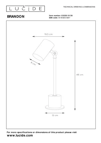 Lucide BRANDON - Bureaulamp - 1xE14 - Zwart - technisch